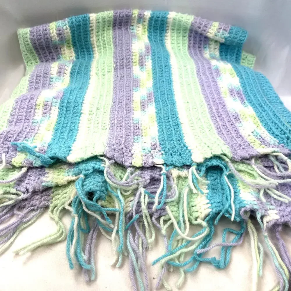 SKU2702 Handmade Baby Afghan Blanket 36x36 Purple Teal Green White Crochet